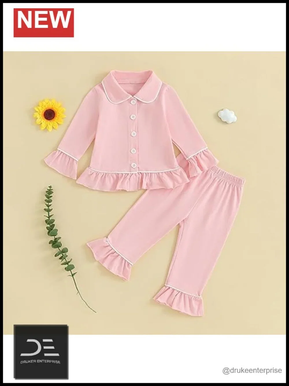 Toddler Girls Cotton Pajama Set Long Sleeve Button PJs with Peter Pan Collar